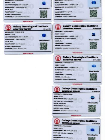 Collection of eight blue sapphires in various cuts and shades, certified by Galaxy Gemological Institute, perfect for fine jewelry.