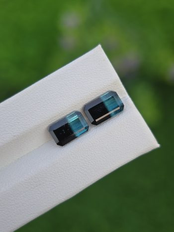 Natural blue and black bicolor emerald cut tourmaline pair 1.76 ct & 1.55 ct from Afghanistan