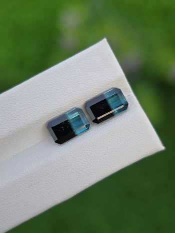 Natural blue and black bicolor emerald cut tourmaline pair 1.76 ct & 1.55 ct from Afghanistan
