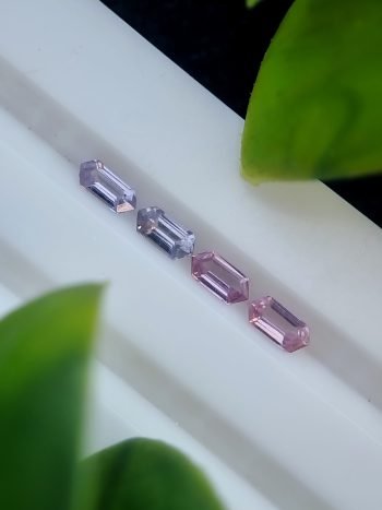 Four elongated hexagonal natural spinel stones in purplish pink and violet, unaltered and calibrated, sourced from Badakhshan, Afghanistan | Calibrated | 0.37 ct