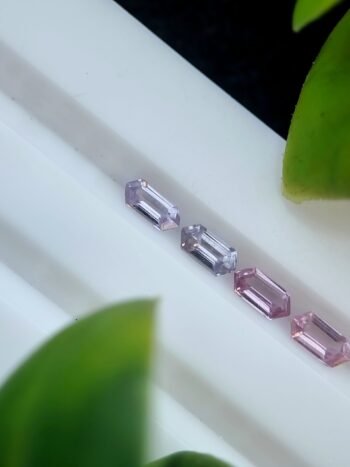 Four elongated hexagonal natural spinel stones in purplish pink and violet, unaltered and calibrated, sourced from Badakhshan, Afghanistan | Calibrated | 0.37 ct