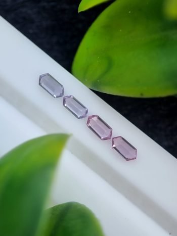 Four elongated hexagonal natural spinel stones in purplish pink and violet, unaltered and calibrated, sourced from Badakhshan, Afghanistan | Calibrated | 0.37 ct